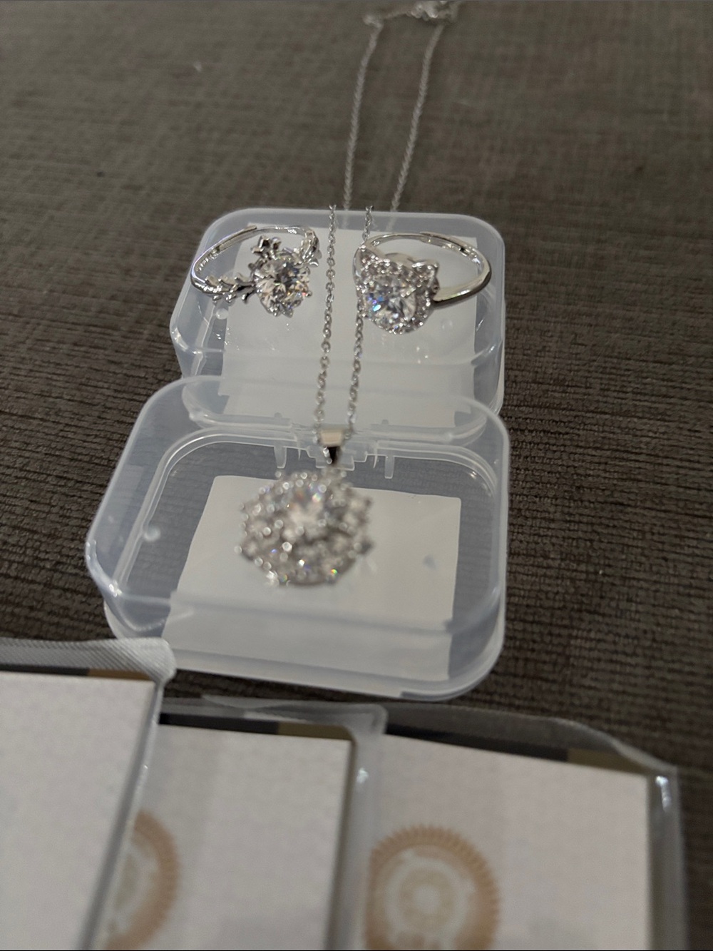 Silver Sparkling Halo Moissanite Pendant Necklace and 2 Moissanite ring Set